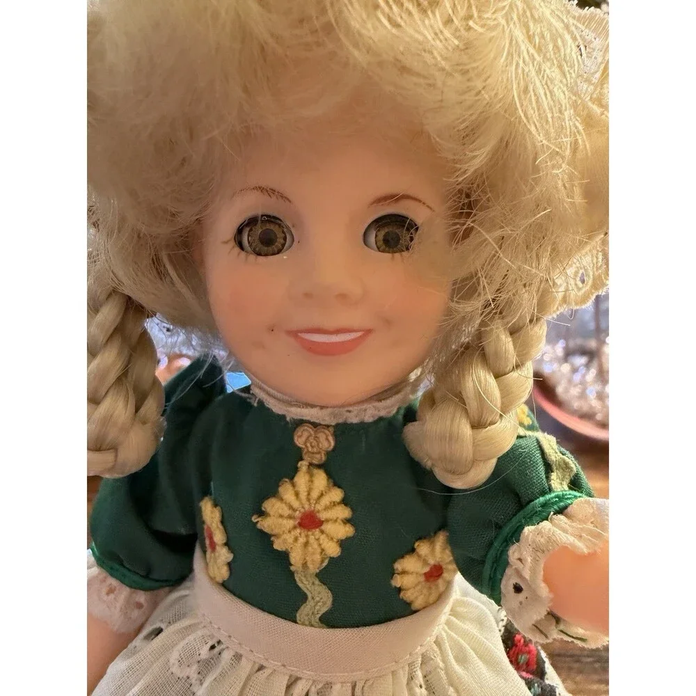 Vintage 1982 Ideal 8” Shirley Temple Dressed as Heidi Doll Wooden Shoes W/Stand